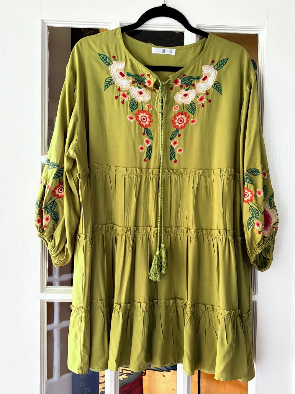 HOPE HORIZON Olive Green Floral Embroidered Tiered Mini Dress Boho Tassel SZ L